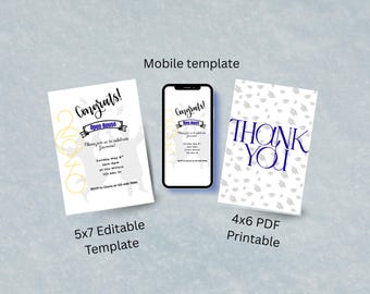 Invitación editable para la jornada de puertas abiertas de graduación con descarga para móvil y tarjeta de agradecimiento.