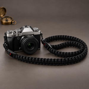 May include: A silver and black mirrorless camera with a black lens attached, featuring a thick, braided black paracord camera strap with black and red plastic connectors. A small, round, antique-style brass compass sits in the upper left corner.