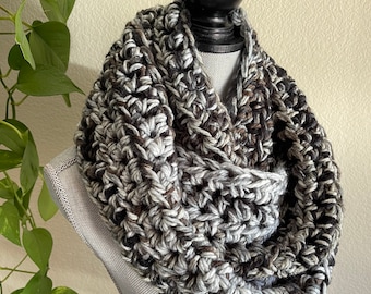 Black Grey Marble Infinity Eternity Cowl Neck Warmer Hand Crocheted Acrylic Scarf Ready To Ship