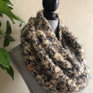 Naturals Super Soft Brown Beige Cream Multicolor Infinity Eternity Cowl Neck Warmer Wool Blend Hand Crocheted Scarf Ready To Ship