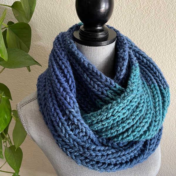 Ocean Night Color-Block Infinity Eternity Cowl Neck Warmer Wool Blend Blue Turquoise Hand Knit Scarf Ready To Ship