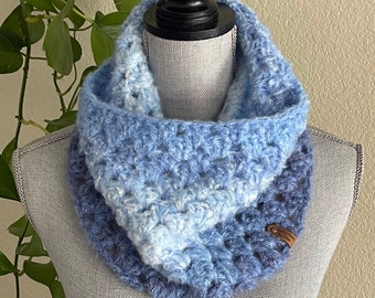 Denim Days #3 Granny Square Crochet Cowl Infinity Eternity Neckwarmer Circle Scarf Handmade Gift Ready To Ship