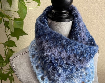 Denim Days #1 Granny Square Crochet Cowl Infinity Eternity Neckwarmer Circle Scarf Handmade Gift Ready To Ship