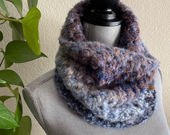 Blue Onyx #1 Granny Square Crochet Cowl Infinity Eternity Neckwarmer Circle Scarf Handmade Gift Ready To Ship