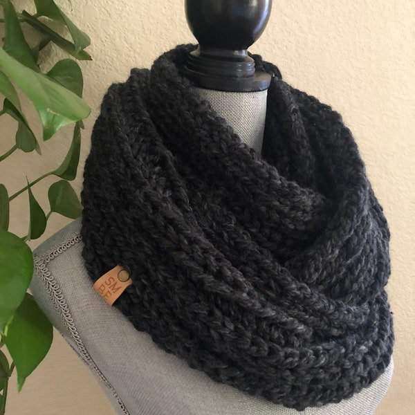 Charcoal Black Infinity Eternity Cowl Neck Warmer Wool Blend Hand Crocheted Scarf Ready To Ship