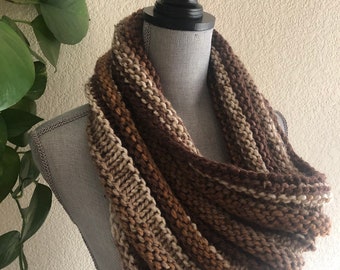 Woodgrain Knit Cowl Caplet Brown Cream Multicolor Infinity Eternity Neckwarmer Circle Scarf Gift Ready To Ship