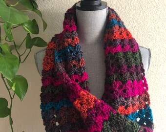 Tropics Super Soft Green Orange Blue Multicolor Infinity Eternity Cowl Neck Warmer Wool Blend Hand Crocheted Scarf Ready To Ship