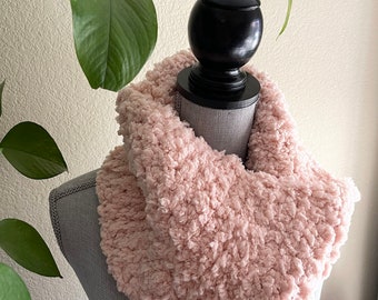 Pink Sherpa Crochet Cowl Infinity Eternity Neckwarmer Circle Scarf Handmade Gift Ready To Ship