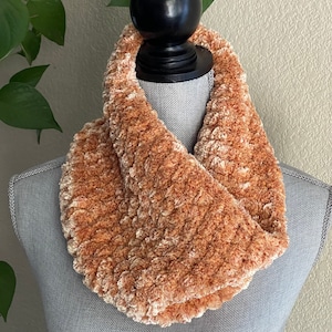 Burnt Orange Velvet Crochet Cowl Infinity Eternity Neckwarmer Circle Scarf Handmade Gift Ready To Ship