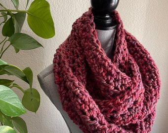 Carnival Red Multi Infinity Eternity Cowl Neck Warmer Wool Acrylic Hand Knit Scarf Ready To Ship