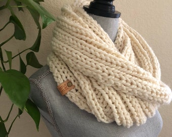 Fisherman Cream Off White Infinity Eternity Cowl Neck Warmer Wool Blend Hand Crocheted Scarf Ready To Ship