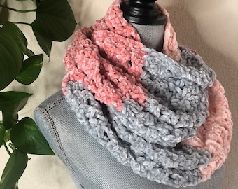 Coral Peony Super Soft Grey Coral Pink Multicolor Infinity Eternity Cowl Neck Warmer Hand Crocheted Scarf Ready To Ship