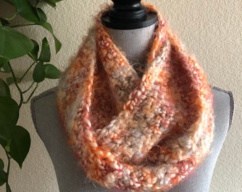 Peach Stand Super Soft Cream Multicolor Infinity Eternity Cowl Neck Warmer Wool Blend Bulky Hand Crocheted Scarf Ready To Ship