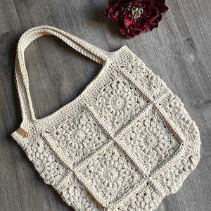 Crochet Sunburst Granny Square Cream Project Bag, Tote Bag, Purse