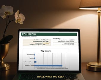 Hoja de cálculo para el seguimiento del patrimonio neto / Calculadora de activos y pasivos / Panel de control financiero en Excel y Google Sheets / Descarga instantánea