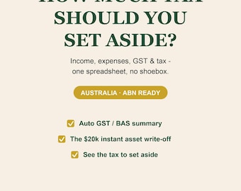 Hoja de cálculo fiscal para autónomos en Australia 2025-26 / Registro de ingresos y gastos de actividades secundarias (IVA/BAS) + Deducciones / Plantilla de Excel para ABN