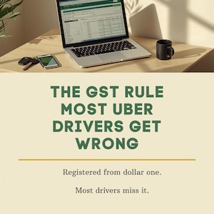 May include: A digital graphic featuring a laptop displaying a spreadsheet, a smartphone, and a mug. The text reads: THE GST RULE MOST UBER DRIVERS GET WRONG. Registered from dollar one. Most drivers miss it. EXCEL + GOOGLE SHEETS. The design is clean.