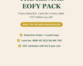 Paquete de fin de año fiscal para propiedades de alquiler en Australia 2025-26 / Buscador de deducciones fiscales para propietarios + Impuesto sobre la propiedad en todos los estados + Calculadora de CGT / ATO Excel