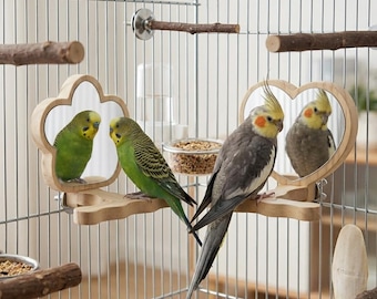Parrot Mirror Perch - Pine Wood Acrylic Bird Stand for Budgie Cage