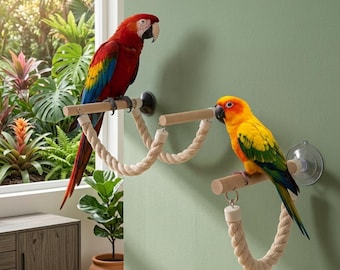 Parrot Window Perch with Suction Cup, Wooden Bird Stand with Cotton Rope Swing for Conure Cockatiel Budgie