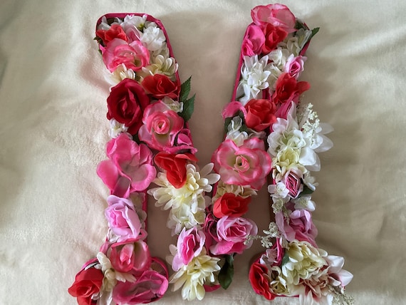 Wooden Handmade 3D Floral Letter "M" - Pink, Red, and White Silk Flower Monogram Wall Decor