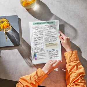 May include: A white informational sheet titled COMUNICACI&Oacute;N ASERTIVA with black text, diagrams, and colored sections. The document outlines communication styles and formulas. Beside it sits a gray notebook and a glass with a yellow drink.
