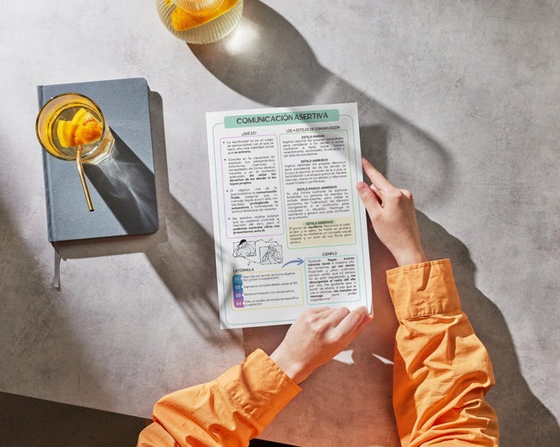 May include: A white informational sheet titled COMUNICACI&Oacute;N ASERTIVA with black text, diagrams, and colored sections. The document outlines communication styles and formulas. Beside it sits a gray notebook and a glass with a yellow drink.