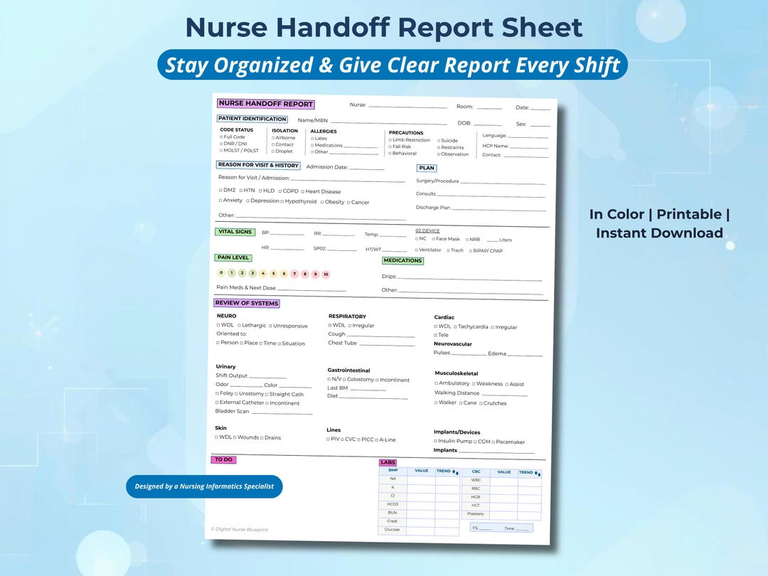 Nurse Handoff Report Sheet | Patient Report Template (color Printable ...