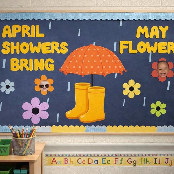 春の掲示板キット：4月の雨、5月の花　教室装飾（編集可能なCanvaテンプレート）
