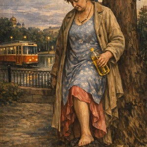 May include: An oil painting depicts a woman in a blue floral dress and tan coat, standing with her foot on a severed head. She holds a bottle of oil. A tram and cityscape are in the background.