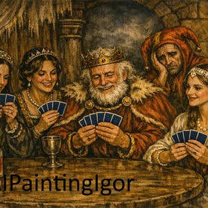 May include: A detailed painting depicts a medieval scene of five people playing cards around a wooden table. The players include a king, two women, and a jester. The scene is lit by candlelight, with a bottle and goblet on the table.