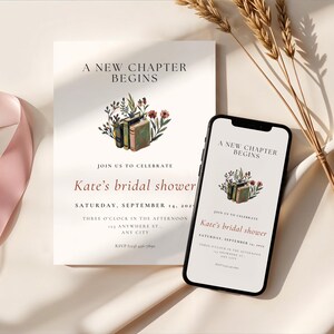 A New Chapter Bridal Shower Invite Set |  Book Themed Bachelorette Party | Floral Storybook Invite | Wildflower Template Editable in Canva