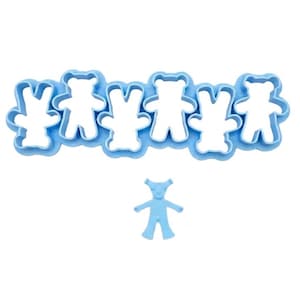 May include: A light blue plastic cookie cutter set in the shape of teddy bears. The set includes a row of connected bear shapes and a single, separate bear shape. The cutters are designed for baking and crafting.