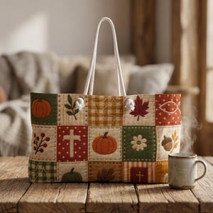 Puede incluir: Un bolso tote acolchado rectangular con un diseño de patchwork de cuadrados con motivos otoñales, que incluyen calabazas, hojas, una cruz, una flor y una bellota. El bolso tiene dos asas de cuerda blanca sujetas con nudos.