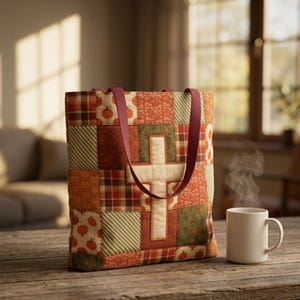 May include: A patchwork tote bag featuring an autumn-themed design with orange, brown, and green squares, including pumpkin and leaf patterns. A large, cream-colored fabric cross is centered on the front, complemented by two dark red shoulder straps.