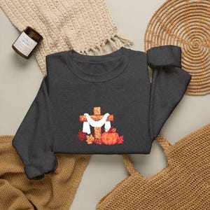 Herfstkruis-sweatshirt | Herfstpompoenen en -bladeren, gezellige oogst | Christelijke herfsttrui | Trui met geloofskruis | Unisex fleece