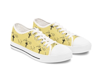 He Walks With Me Christian Shoes - Aesthetic Minimalist Faith Canvas Sneakers - Custom Low Top Spiritual Footwear - Cute Religious Gift Her
