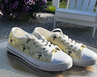 He Walks With Me Christian Shoes - Aesthetic Minimalist Faith Canvas Sneakers - Custom Low Top Spiritual Footwear - Cute Religious Gift Her