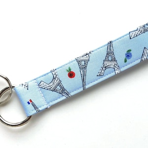 Fabric Keychain Wristlet- France Eiffel Tower Key Chain- French Wrist Lanyard- Key Wrist Strap- Key Holder Lanyard- Organic Fabric
