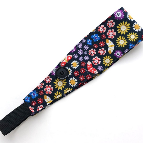 Organic Headband with/ without Buttons- Black with Butterflies & Flowers- Button Headband- Nurse Teacher  Mask Headband- Ear Saver