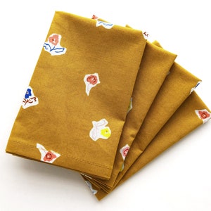 Organic Cloth Napkins - Set of 4 - Gold Yellow with Floral Design - Reusable Cotton Fabric Napkins with Mitered Corners - 12.5 x 12.5 inches