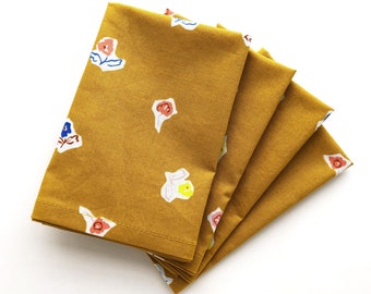 Organic Cloth Napkins - Set of 4 - Gold Yellow with Floral Design - Reusable Cotton Fabric Napkins with Mitered Corners - 12.5 x 12.5 inches