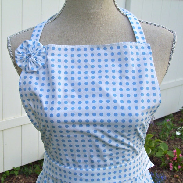 Upcycled Womens' Apron, White with Blue Polka Dots, Made from Men's Nautica Dress Shirt