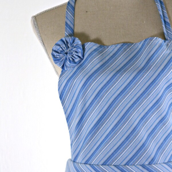 Upcycled Womens' Apron and Potholders, Blue Diagonal Stripe, Made from Men's Dress Shirt - Woman's Apron - Repurposed