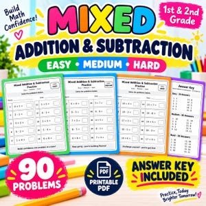 May include: A set of educational math worksheets featuring mixed addition and subtraction problems for 1st and 2nd grade. The pages are labeled Easy, Medium, and Hard, with an included answer key. The text reads Mixed Addition & Subtraction.