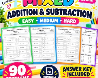 Hojas de ejercicios de suma y resta para 1.º y 2.º grado / Práctica de matemáticas (PDF imprimible)