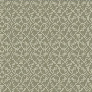 May include: A repeating pattern with a pale green backdrop and a detailed, symmetrical design. The pattern includes stylized thistle flowers, leaves, and curved lines, creating a classic, decorative look. Suitable for wallpaper or fabric.