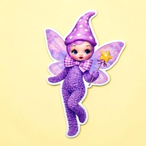 May include: A whimsical fairy sticker in shades of purple. The fairy wears a textured jumpsuit, a polka-dotted hat, and a checkered bow tie. She has large, detailed wings and holds a star-shaped wand. The sticker is on a yellow background.