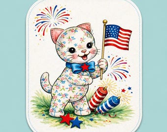 May include: A whimsical illustration of a kitten holding an American flag, surrounded by fireworks and patriotic stars. The kitten is adorned with a floral pattern and a blue bow tie, celebrating Independence Day.