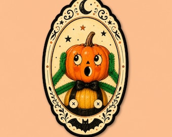 May include: An oval sticker featuring a pumpkin-headed character with a surprised expression, wearing a black bowtie and yellow overalls with white buttons. The character has green fuzzy arms, surrounded by stars, a crescent moon, and a bat.